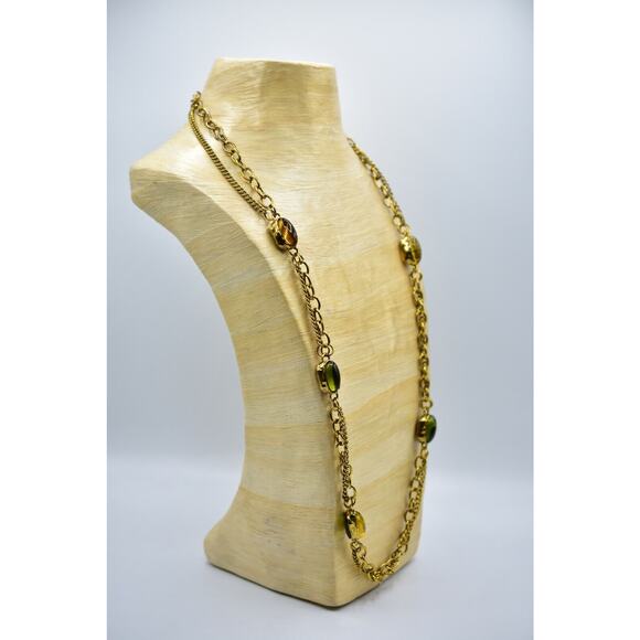 Sparkling Sage Cabochon Station Necklace Crystal Antiqued Gold Tone Chain BinA - Picture 7 of 12